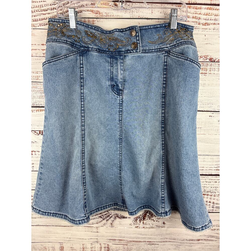 Womens VTG Y2K Kikit Jeans Blue Denim Knee Length Skirt Flowy Embroidered Sz 10